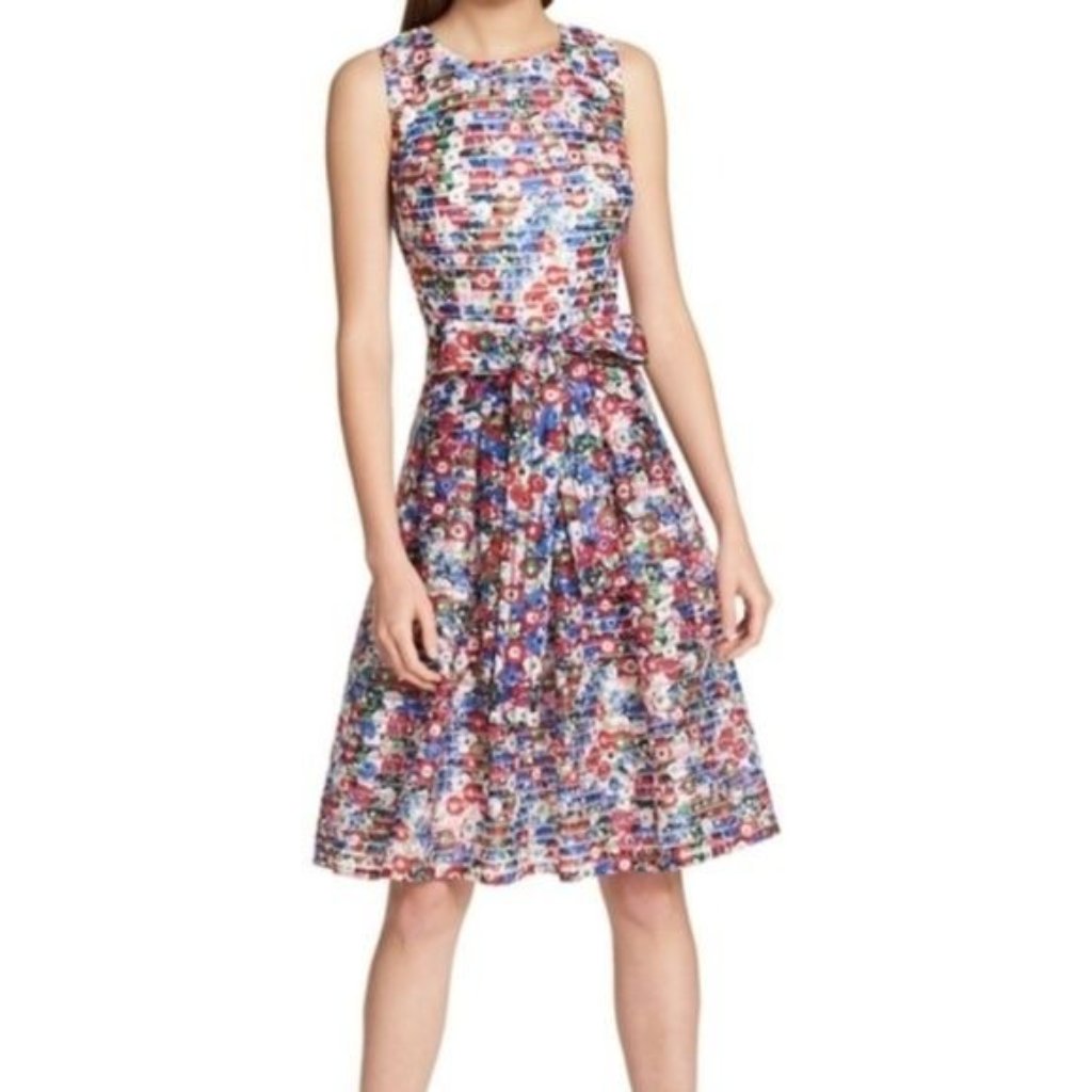 Tommy Hilfiger 2 Claude Belted Dress Red Blue Floral Fit Flare